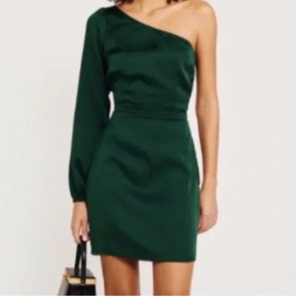 NWT Abercrombie & Fitch SzL Green Satin One Shoulder Dress LongSleeve Mini Dress